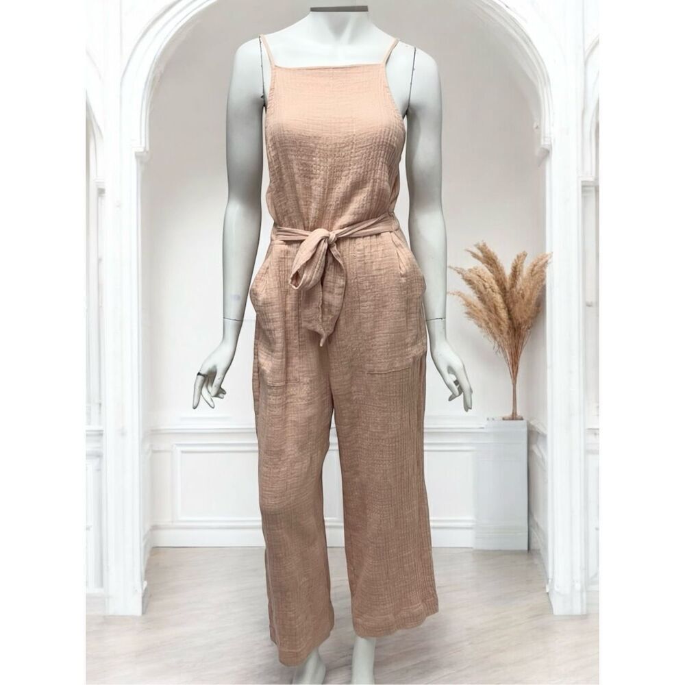 Zara Gauze Cotton Peach Backless Jumpsuit Waist Tie Spaghetti Straps Pockets Sz